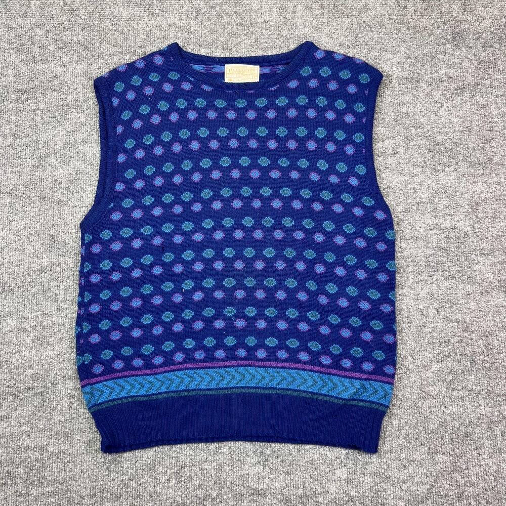 Vintage Pendleton Sweater Vest Womens Large Blue Wool Polka Dot Knit Pattern USA